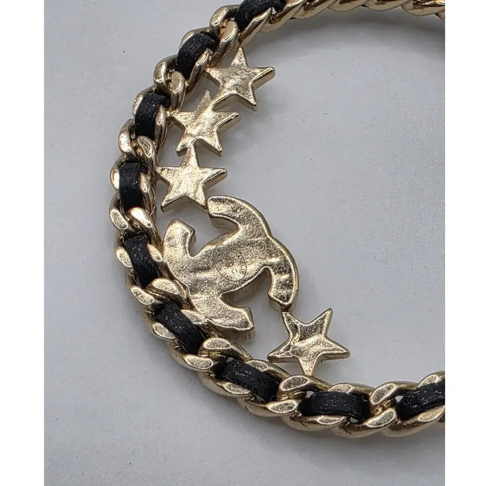 Chanel Gold-tone 2023 Strass Leather Interlocking CC Hoop Earrings